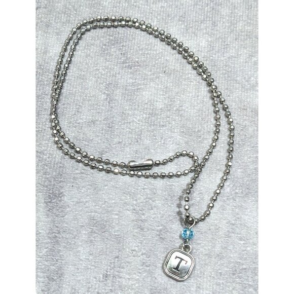 Minimalist Letter T Pendant Necklace With Blue Accent Bead - Picture 6 of 6
